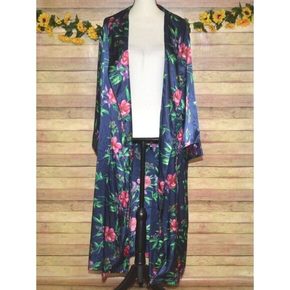 Go Softly Silky Blue Floral Long Maxi Robe Belted Ladies M Lounge Vacation - Picture 4 of 10